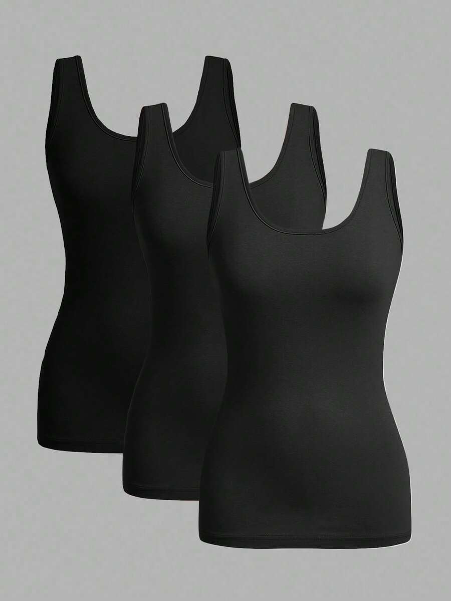 EMERY ROSE 3pcs Casual Solid Black Camisole Tops, Slim Fit, Suitable For Summer Outings And Layering - Black - View 1