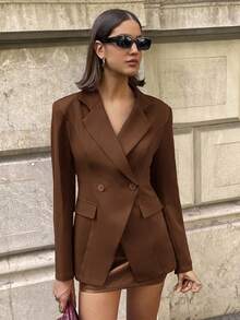 Aloruh 女士时尚纯色翻领肩长袖修身收腰西装外套 - 棕色 - 查看 4