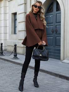 EMERY ROSE Women's Elegant Commuter Casual French Style Turndown Collar V-Neck Double-Breasted Open Front A-Line Pleated Flare Sleeve Loose Cuff Long Sleeve Woolen Coat, Suitable For Spring, Autumn And Winter - Rust Brown - View 7