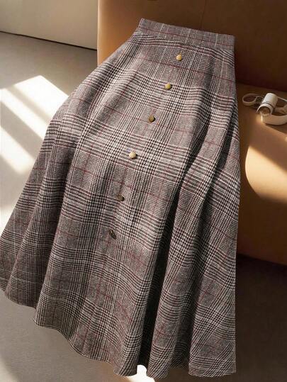 Regalyn Plus Size Women Elegant Casual Plaid A-Line Skirt, Autumn/Winter