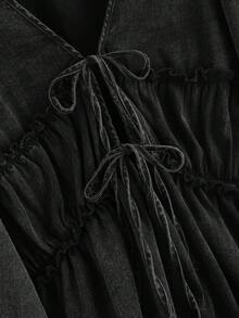 CosyJoli 大码女式休闲系带灯笼袖水洗衬衫 - 黑色 - 查看 5