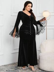 Modelyn Plus Size Women V-Neck Mesh Flare Sleeve Ruched Bodycon Fishtail Hem Elegant Dress - Black - View 3