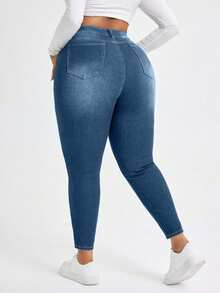 EURMUSE 大码复古中腰修身休闲百搭牛仔裤 - 深色水洗藍 - 查看 2