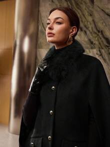 MOTF PREMIUM FUZZY COLLAR CAPE OVERCOAT - Black - View 5