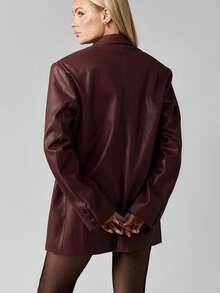 MISSGUIDED Oversized Faux Leather Blazer Jacket Fall Winter Long Sleeve Button Front Lapel Collar Professional Office Business Wear Party Evening Outerwear - Burgundy - View 2