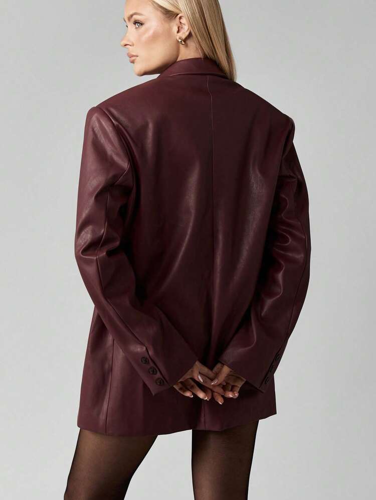 MISSGUIDED Women Oversized Faux Leather Blazer Jacket Fall Winter Fashion Long Sleeve Button Front Lapel Collar Professional Office Business Wear Party Evening Outerwear