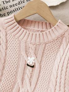 SHEIN Vintaside Kids 女童手工刺绣花卉针织落肩短款毛衣，适合秋冬季外穿 - 淺粉色 - 查看 6