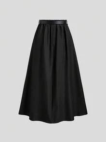 Sweetra تنورة أنيقة بخطوط منسدلة على شكل حرف A، لون بني دافئ مناسب للخريف والشتاء، تصميم فريد مع حزام مميز، تناسب الجسم بشكل مُرضٍ - الأسود - مشاهدة 6