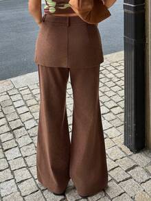 SHEIN EZwear Women's Solid Color Brown Double Layer Fitted Corduroy Flared Casual Pants,Street Wear,Fall/Winter Pants - Brown - View 3