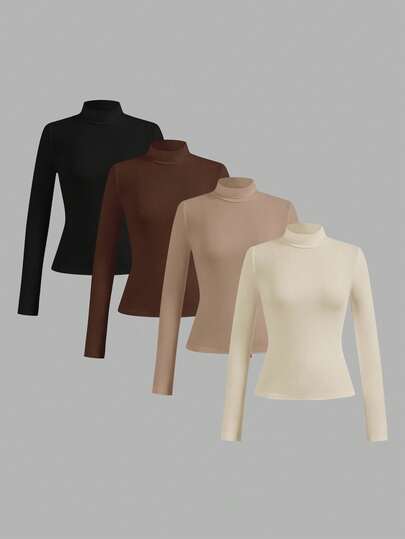 SHEIN Essnce 4pcs/Set Casual Solid Color Versatile Layering Slim Fit Turtleneck Sweater For Women, Autumn/Winter Women Long Sleeve Tops
