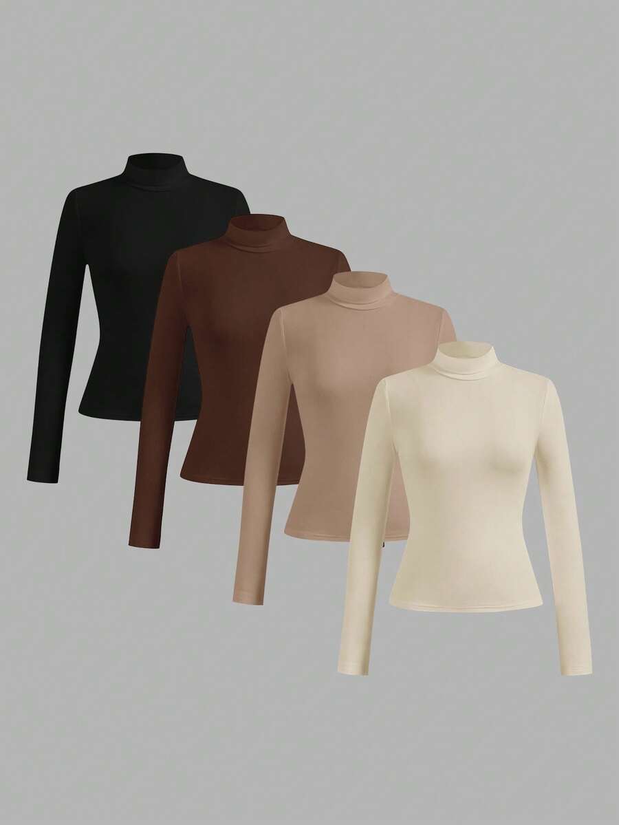 SHEIN Essnce Set de 4 suéteres de cuello alto ajustados y versátiles de unicolor para mujer, para otoño/invierno - Multicolor - Ver 1