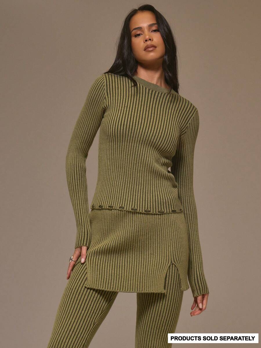MUSERA Two Tone Knit Fitted Long Sleeve Top Cool Girl, Streetstyle, Cute, , , Winter - Army Green - View 1