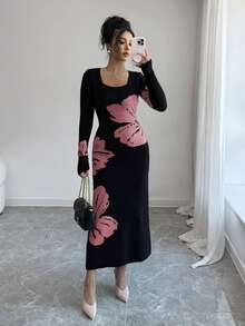 Elenzga Square Neck Jacquard Knit Bodycon Waist Sweater Dress - Watermelon Pink - View 4