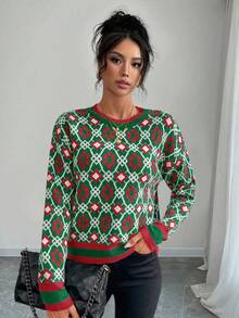 Selianne Women's Fashionable All-Over Print Color Block Crew Neck Long Sleeve Pullover Sweater, Autumn/Winter - Multicolor - View 4