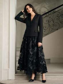 Anewsta 女士长袖花卉拼接雪纺优雅连衣裙 - 黑色 - 查看 6