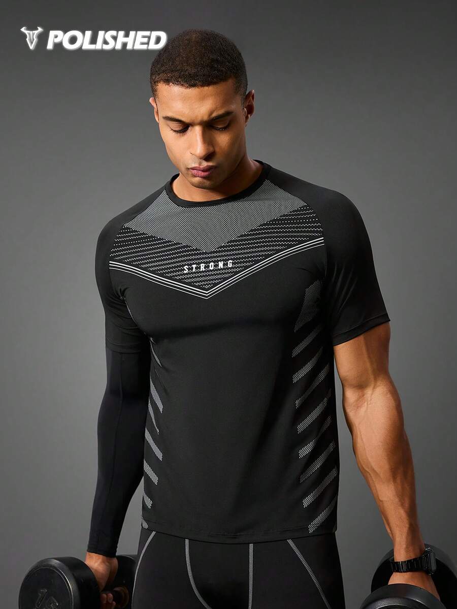 Acti Log Áo thun thể thao tay raglan họa tiết chữ Boyfriend Style dành cho nam, Áo tập luyện, Áo bó, Áo ba chiều, Áo trơn, Áo tập luyện, Áo phản quang Áo bó thoáng khí - màu đen - Xem 1