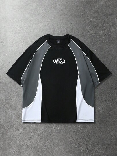 Street Life Men's Geometric Print Round Neck Short Sleeve Patchwork Sports T-Shirt