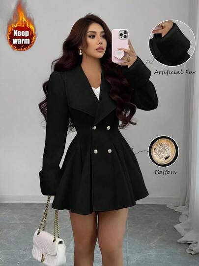 Elenzga Abrigo de lana grueso elegante y de uso diario con cuello de piel de visón, cintura en línea A para mujeres