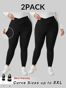 SHEIN CURVE+ 2 Stücke Damen Leggings in Große Größen, schwarz, skinny, hochelastisch, Herbst/Winter Strumpfhosen