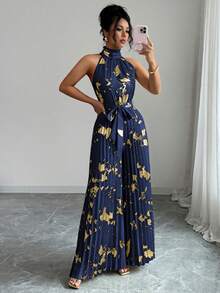 Elenzga Halloween Outfit Sleeveless Ruffle Collar Elegant Romantic Precision Women's Wide Leg Jumpsuit - Navy Blue - View 3