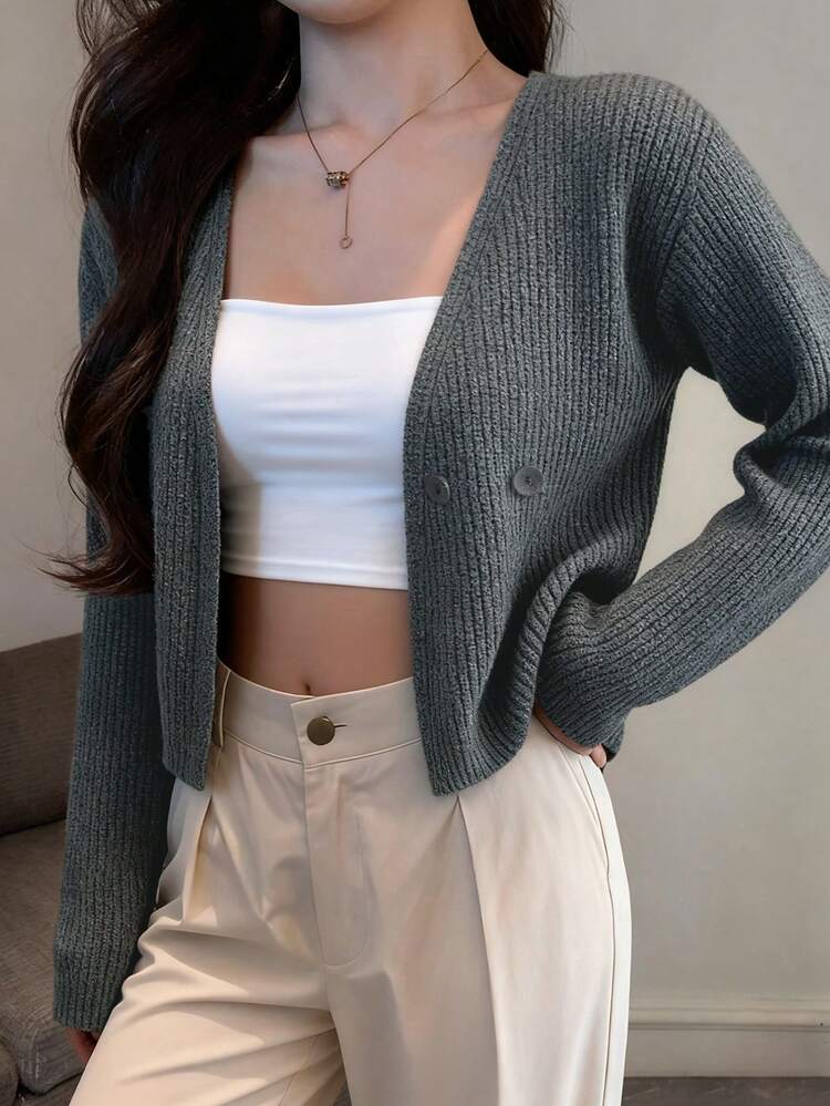 Women's Solid Color Front Button Long Sleeve Dropped Shoulder Short Casual Cardigan