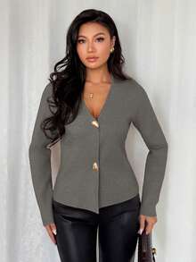 Chiquease Women's Slim Fit Khaki Minimalist Daily Wear Deep V-Neck Long Sleeve Asymmetrical Metal Button Cardigan - Dark Grey - View 4