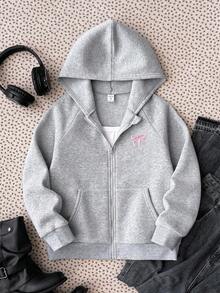 SHEIN 青少年女孩休閒街頭風針織運動外套，輕量灰色附蝴蝶結刺繡，拉鍊口袋，適合秋冬、週末、休閒出遊、返校 - 灰色 - 查看 3