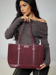 CUCCOO SZL 1 件，大容量绒面 PU 底大包，简约，休闲，时尚流行，女士单肩托特包，酒红色款，适合约会、聚会、上课、通勤和日常使用，秋冬新款女士单肩托特包，最新时尚女士绒面包，与秋季服装完美搭配女士秋季服装 - 酒紅色 - 查看 3