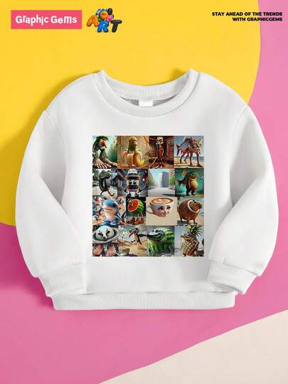 GraphicGems Moletom infantil casual moderno com estampa gráfica italiana Brainrot para meninos, moletom estiloso para esportes ao ar livre com estampa de desenho animado e gola redonda, manga comprida, outono/inverno