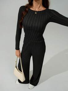 SHEIN Tall Autumn And Winter Women's Wide-Striped Knitted Slim Irregular Slanted Hem Top + Wide-Leg Pants Casual And Comfortable Home Black Two Pieces Suit - Black - View 7