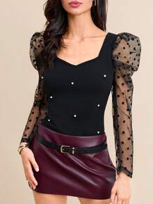 SHEIN Clasi Pearls Beaded Dobby Mesh Panel Gigot Sleeve Top