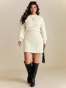 Elaquor Plus Size Crew Neck Raglan Sleeve Casual Versatile Comfortable Knit Sweater Dress/Winter - Apricot - View 3
