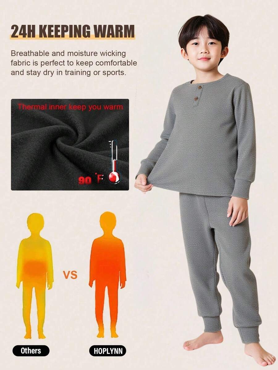 SHEIN 2 件套小男孩舒适罗纹针织圆领长袖睡衣套装，柔软舒适，适合秋冬季 - 灰色 - 查看 1