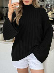 EURMUSE Women High Neck Flare Sleeve Rib Knit Comfy Sweater Pullover - Black - View 3