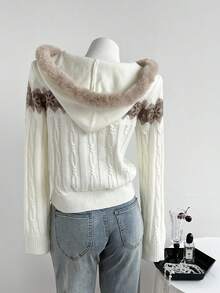 Elamini Áo khoác cardigan trùm đầu ấm áp thời trang dành cho nữ có viền lông và họa tiết Fair Isle, thu/đông - Nhiều màu - Xem 2