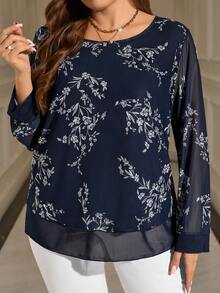 EMERY ROSE Plus Size Women's Elegant Party Casual Loose Floral Print Sheer Mesh Double Layer Long Sleeve Blouse Shirt Top, Autumn/Winter,Going Out,2025 New,Simple And Fashionable For Everyday Wear, Plus Size Winter,Comfortable And Breathable,Christmas For Women, New Year,Thanksgiving For Women, Modest Blouse, Tunic Blouse, Women Long Sleeve Blouse - Navy Blue - View 3