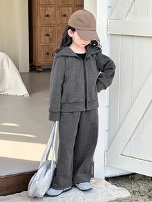DAZY Young Girl Casual Daily Commute Simple Solid Color Rhinestone Zipper Hoodie And Wide Leg Sweatpants Set, Warm Thermal Lined For Autumn/Winter - Grey - View 5