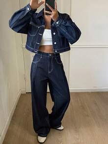 DAZY 2pcs Set: Navy Blue Short Denim Jacket & Wide Leg Pants, Vintage Design, Autumn/Winter - Navy Blue - View 3