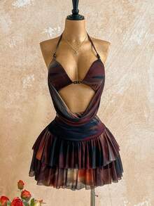 Soleia 女士时尚性感扎染露背挂脖迷你连衣裙 - 彩色 - 查看 5