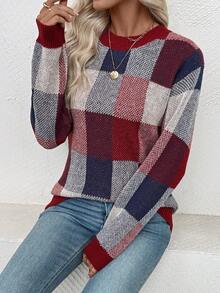EMERY ROSE 女士格子圆领长袖毛衣 - 酒紅色 - 查看 3