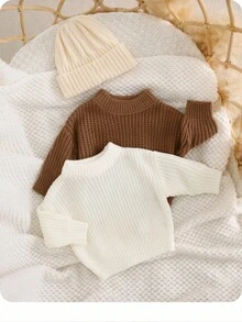 SHEIN 2pcs Newborn Baby Girl Solid Color Casual Knit Long Sleeve Sweater, Suitable For Autumn And Winter