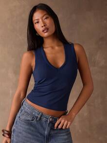 SHEIN BAE 女士藏蓝色纯色简约休闲深V领无袖背心/性感背心/内置胸罩/上衣/性感上衣/基础款/新年上衣/休闲女装/藏蓝色上衣/女士外出上衣，背心 - 藏蓝色 - 查看 6