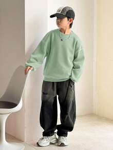 SHEIN 男童休闲韩版宽松撞色圆领卫衣，适合通勤、上学、日常休闲、运动、秋冬季穿着。 - 薄荷綠 - 查看 5