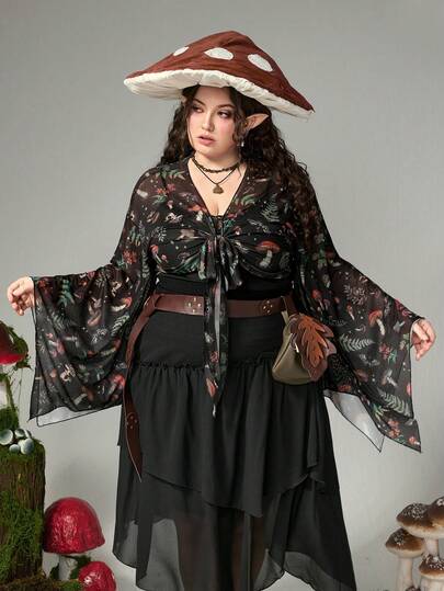 Fairycore Vintage Mushroom, Floral & Mesh Print Front Twist Knot Plus Size Women Flare Sleeve Top