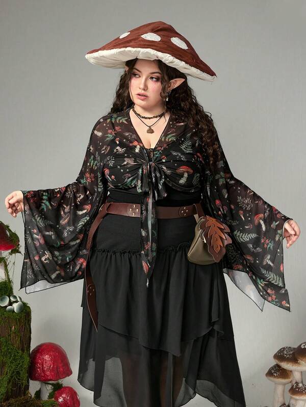 ROMWE Fairycore Vintage Mushroom, Floral & Mesh Print Front Twist Knot Plus Size Women Flare Sleeve Top