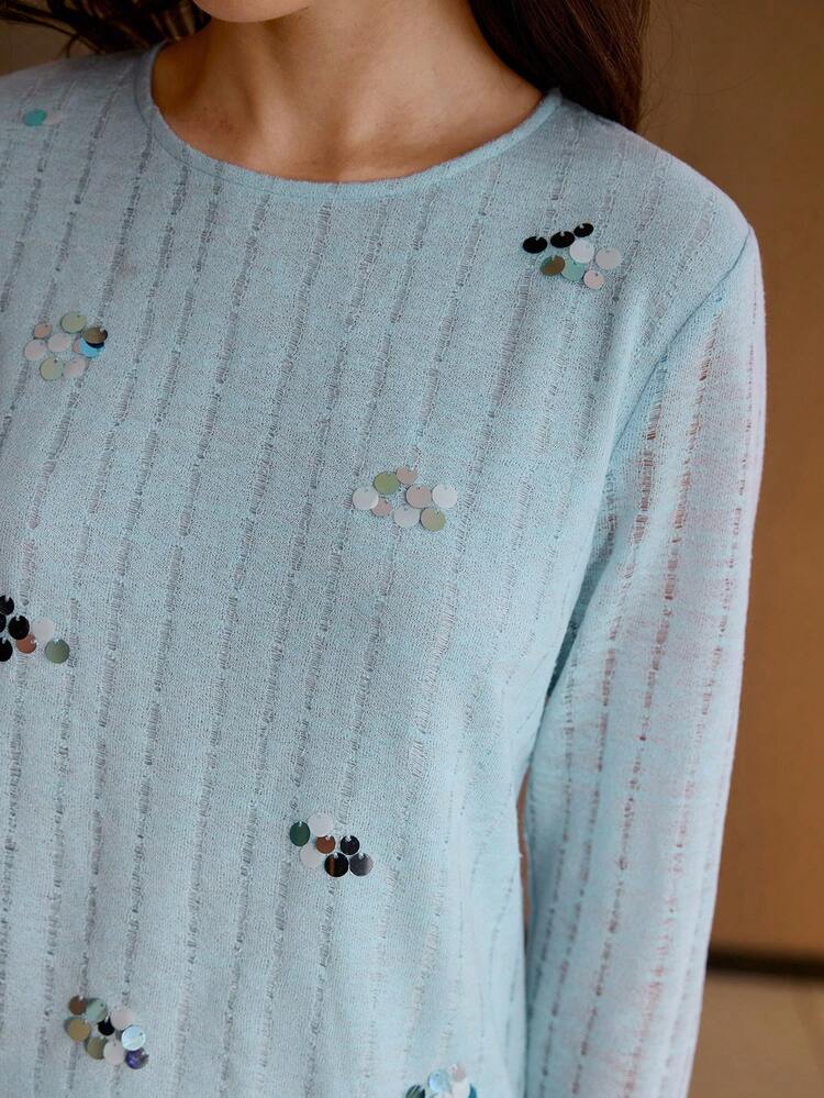 SOLID CONTRAST SEQUIN RIBBED KNIT TOP