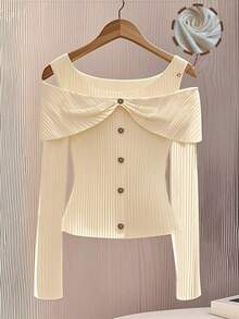 SHEIN PETITE Women's Solid Color Open Shoulder Long Sleeve Casual Front Button T-Shirt ,Petite Women - Apricot - View 1