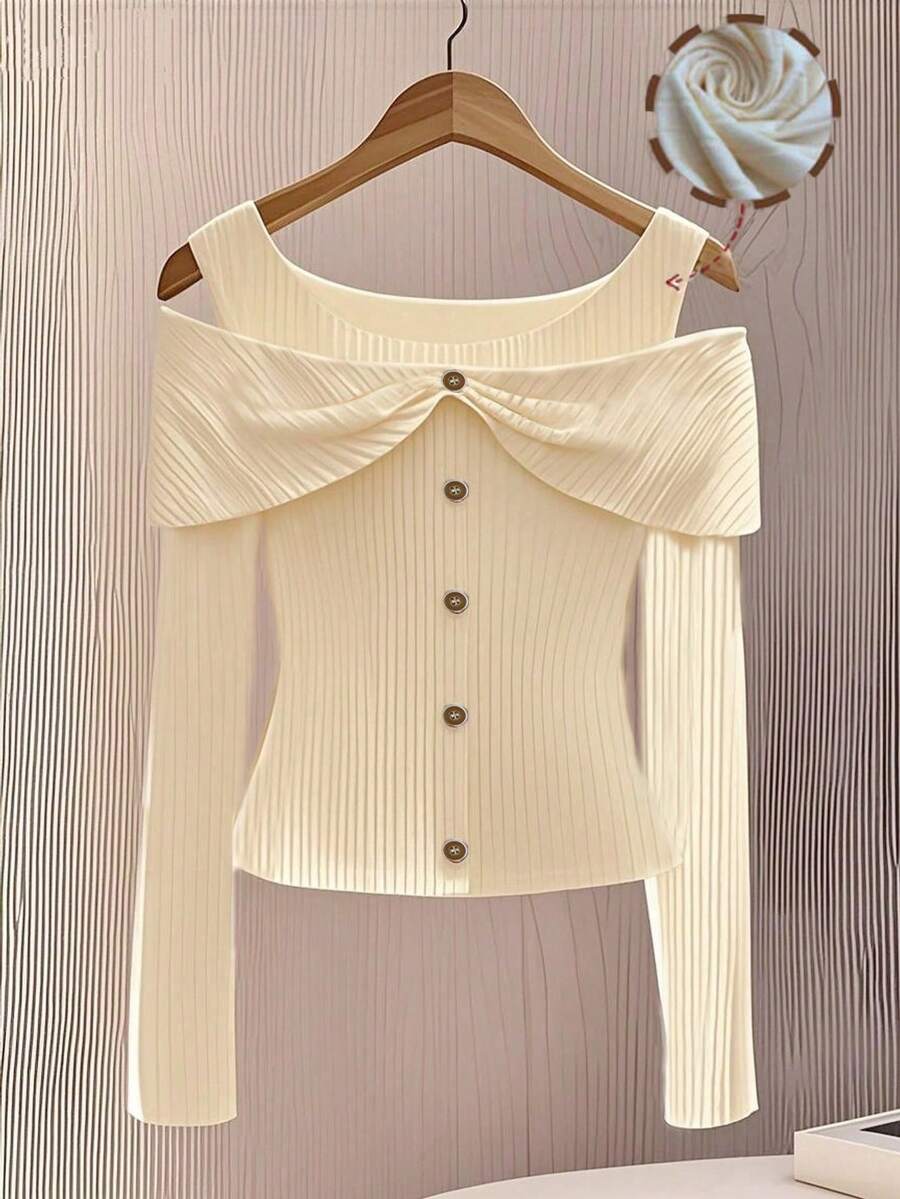 SHEIN PETITE Women's Solid Color Open Shoulder Long Sleeve Casual Front Button T-Shirt ,Petite Women - Apricot - View 1