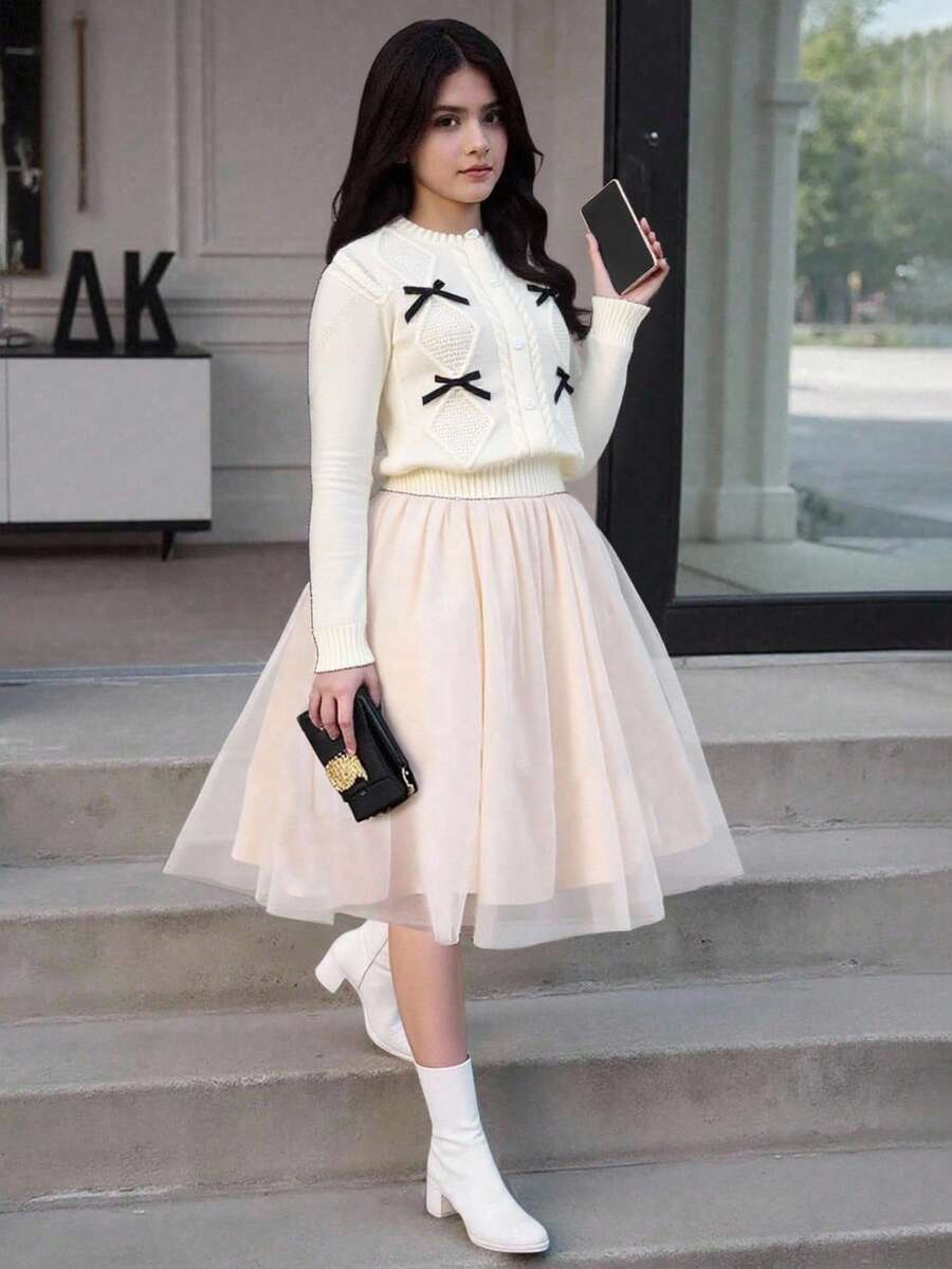 Tween Girl Cardigans,Cream White Soft Knit Cardigan With Bow,Back-To-School Autumn Casual Party Short Sweater For Kids,Wedding Guest Outfits