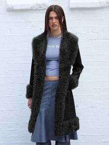 COUREZ 仿皮草长款大衣 /Y2K 秋季女装 冬季女装 女士冬季夹克 女士冬季外套 - 黑色 - 查看 5